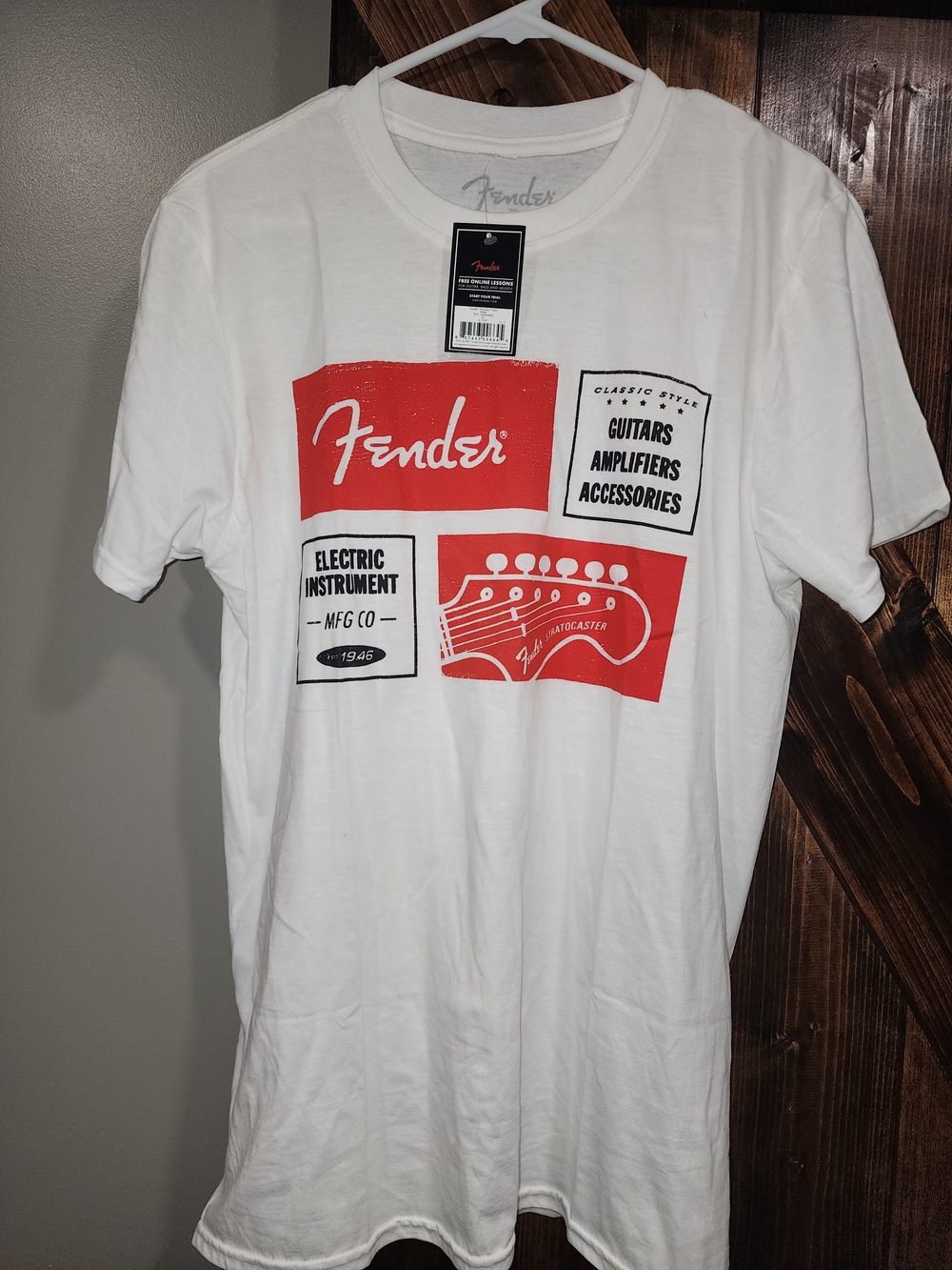 Fender White Tee with Red Graphic Blocks